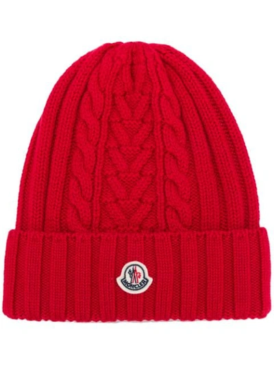 Moncler Cable-knit Wool Beanie Hat In Red