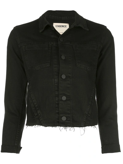 L Agence Janelle Chain-embellished Frayed Denim Jacket In Saturated Black