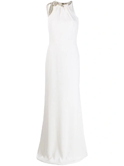 Alexander Mcqueen Long Embellished Leaf Crepe Dress In White