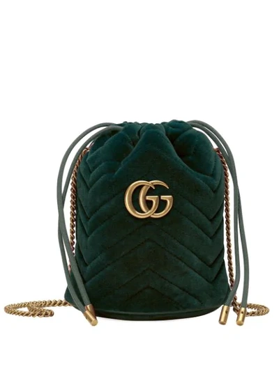 Gucci Gg Marmont Mini Velvet Bucket Bag In Dark Green Velvet