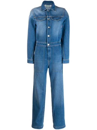 Kenzo Long Sleeve Cotton Denim Jumpsuit In Blue