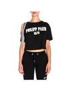 PHILIPP PLEIN CROPPED T-SHIRT WITH SHORT SLEEVES WITH FRINGES AND LOGO,11014014