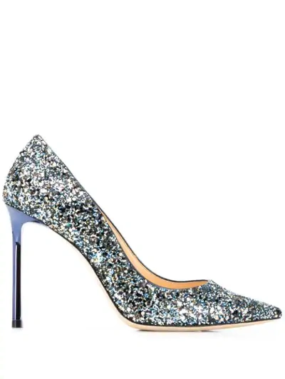 Jimmy Choo Romy 100 Electric Blue Mix Party Coarse Glitter Fabric Pointed Toe Pumps
