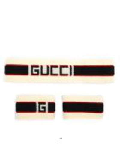 Gucci Cream Heron Headband And Wristband Set In Ivory/black/red