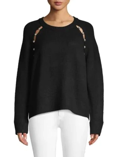 Alice And Olivia Jolynn Faux-pearl Trim Raglan-sleeve Sweater In Black