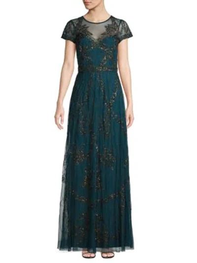 Adrianna Papell Beaded Sheer Gown In Teal Crush