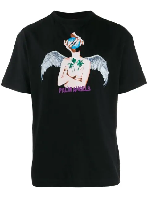 Palm Angels Angel-print Cotton-jersey T-shirt In Black | ModeSens