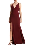 Dress The Population Iris Slit Crepe Gown In Burgundy