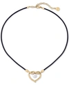MAJORICA GOLD-TONE STAINLESS STEEL & IMITATION PEARL HEART LEATHER CORD PENDANT NECKLACE, 15" + 3" EXTENDER