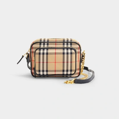 Burberry Leather-trimmed Checked Cotton-canvas Shoulder Bag In Beige