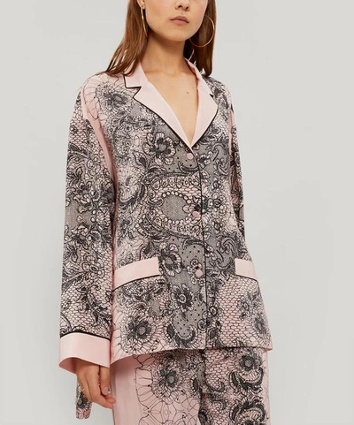 Valentino Lace-print Crepe Bell-sleeve Pajama Blouse In Pink/black