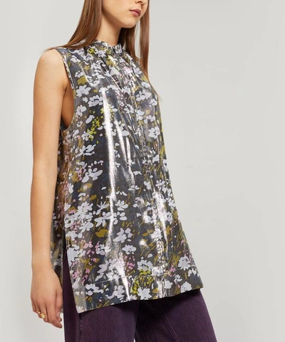 Ganni Lurex Silk Floral Vest Top In Black