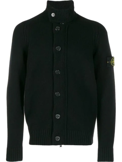 Stone Island Ribbed Detail Buttoned Cardigan In Black