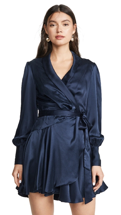 Zimmermann Espionage Silk Wrap Mini Dress In Navy