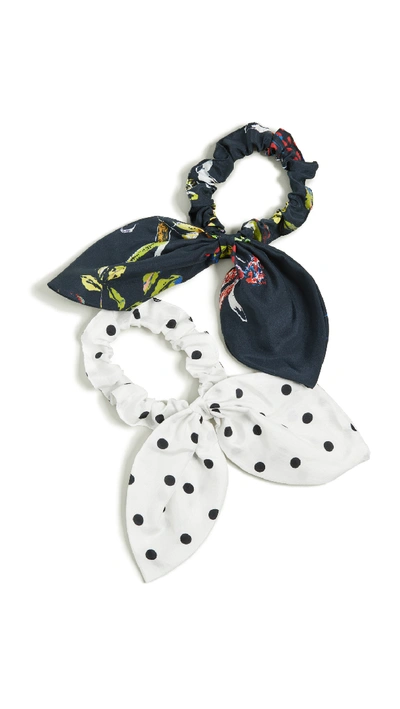 Tanya Taylor Bow Scrunchie Set In Pencil Floral Navy & Polka Dot