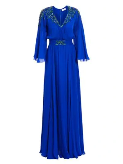 Ahluwalia Embroidered Flutter-sleeve Silk Gown In Cobalt