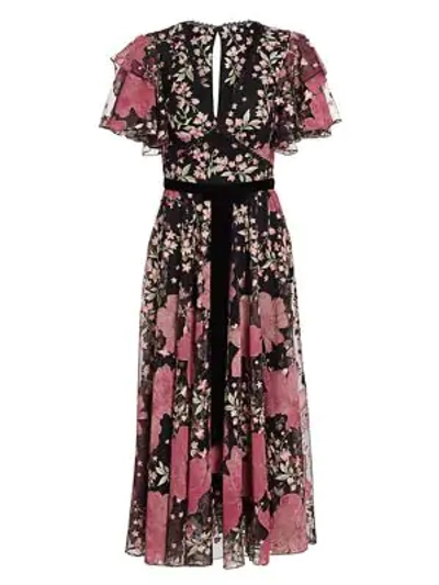 Marchesa Notte Floral Flutter-sleeve Dress In Rose