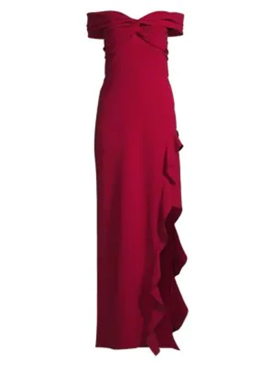 Shoshanna Asymmetric Ruffle Off-the-shoulder Gown In Crimson