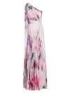 MARCHESA NOTTE One-Shoulder Pleated Chiffon Print Gown