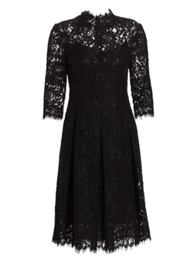 Teri Jon By Rickie Freeman Three-quarter Sleeve Lace Flare Dress In Black