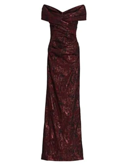 Teri Jon By Rickie Freeman Off-the-shoulder Metallic Jacquard Gown In Wine