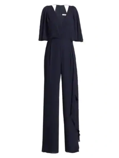 Halston Heritage Asymmetric Drape Georgette Jumpsuit In Dark Navy