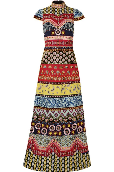 Alice And Olivia Arwen Open-back Embellished Embroidered Cotton Maxi Dress In Multi