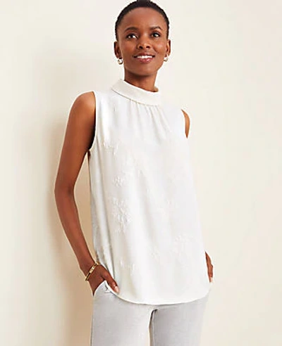 Ann Taylor Floral Jacquard Sleeveless Mock Neck Top In White