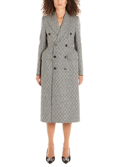Balenciaga Hourglass Double-breasted Crosshatch Wool Coat In Grey