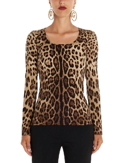 Dolce & Gabbana Leopard Print Silk Blend Long Sleeve Top In Animal Print