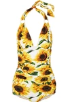 DOLCE & GABBANA RUCHED FLORAL-PRINT HALTERNECK SWIMSUIT