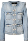 BALMAIN BUTTON-EMBELLISHED DISTRESSED DENIM JACKET