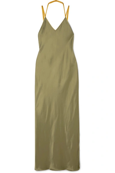 Helmut Lang Rubberband Tulle-trimmed Satin Maxi Dress In Army Green