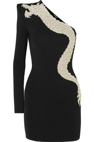 Balmain One-sleeve Crystal-embellished Stretch-jersey Mini Dress In Black