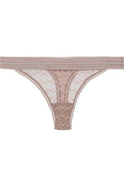 Else Boomerang Lace-trimmed Stretch-mesh Mid-rise Thong In Neutral