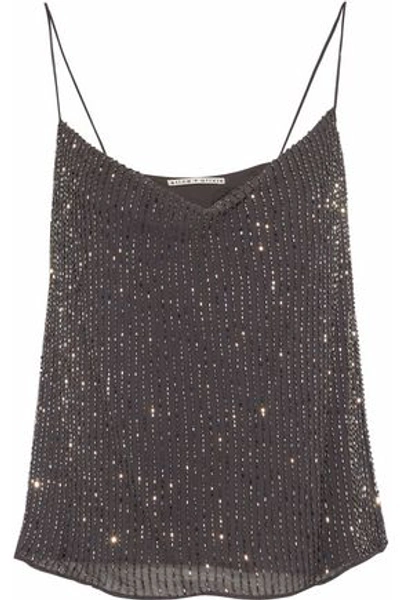 Alice And Olivia Harmon Bead-embellished Crepe De Chine Camisole In Dark Gray