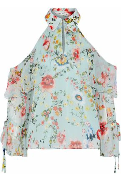 Alice And Olivia Blayne Cold-shoulder Floral-print Silk-chiffon Blouse In Mint