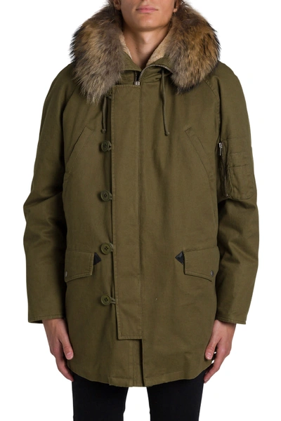 Saint Laurent Oversize Parka With Racoon Fur In Verde