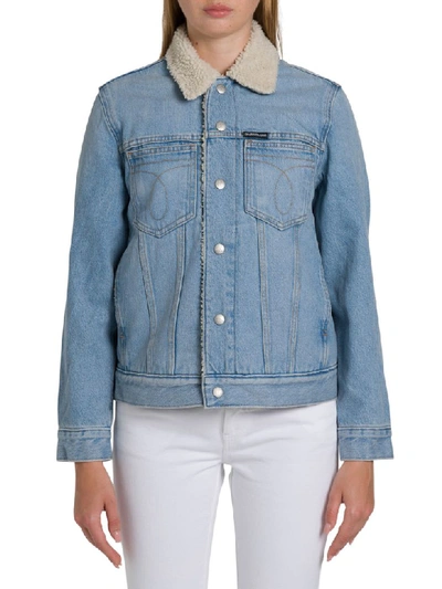 Calvin Klein Jeans Est.1978 Sherpa Cotton Denim Trucker Jacket In Blu
