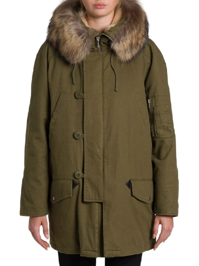 Saint Laurent Oversize Parka With Racoon Fur In Kaki