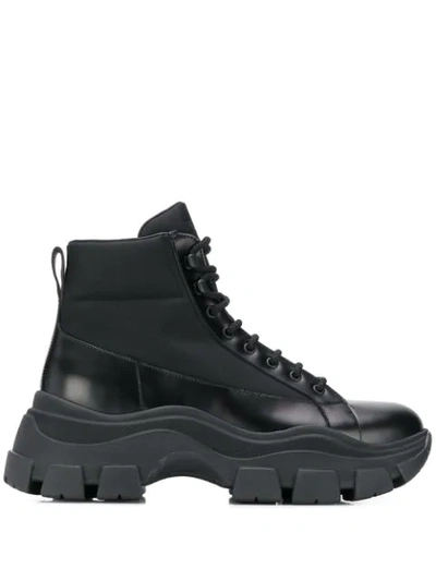Prada Canvas-panelled Leather Boots In Black