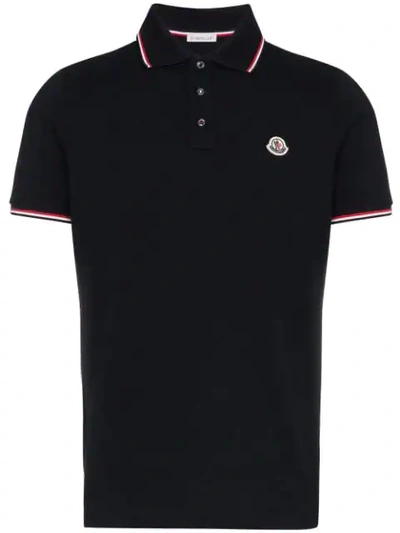 Moncler Logo Patch Stripe Detail Polo Shirt In Black