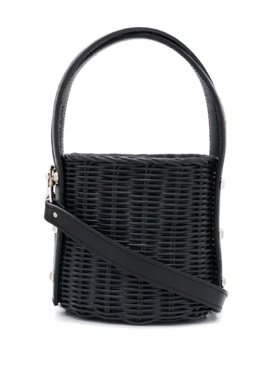 Wicker Wings Quan Rattan & Leather Bucket Bag In Black