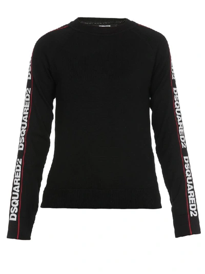 Dsquared2 Wool Blend Knit Sweater W/ Logo Bands In Black