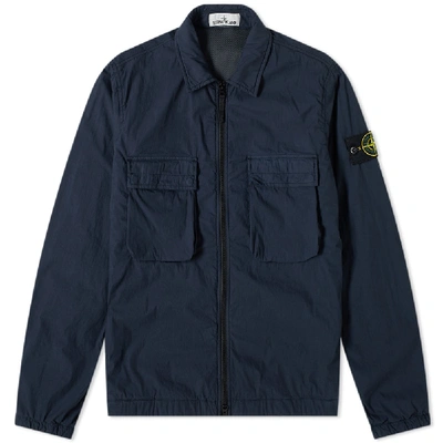 Stone Island Brushed Cotton Garment Dyed Zip Overshirt In Blue