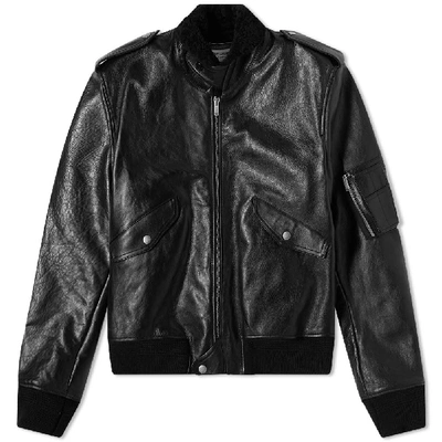Saint Laurent Leather Shearling Bomber Jacket In Black