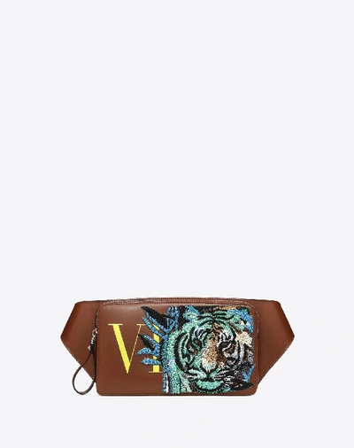 Valentino Garavani Uomo Leather Vltn Belt Bag With Tiger Embroidery Man Tan 100% Python Onesize
