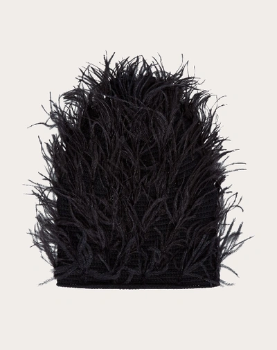 Valentino Garavani Beanie Hat With Feather Embellishments In Black