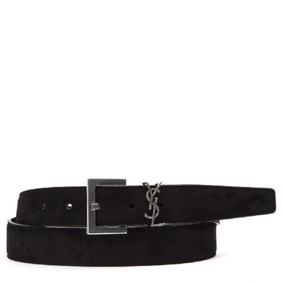 Saint Laurent Men's Ysl Monogram Calf Suede Belt In Black