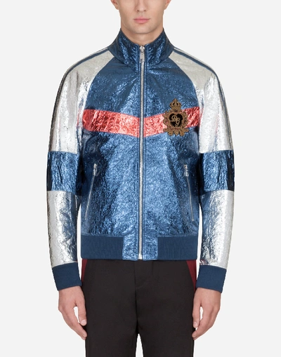 Dolce & Gabbana Jacket With Patch In Laminated Leather In Blue